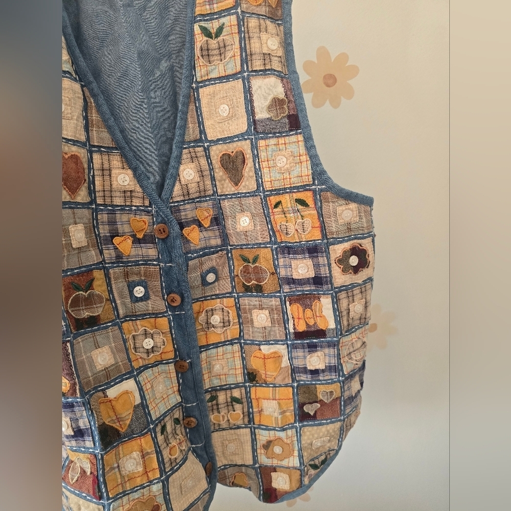 Vintage Cottagecore Patchwork Denim Vest with Colorful Patterns - Picture 2 of 5